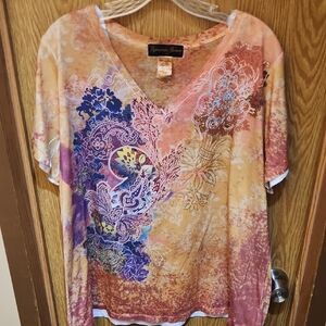 Anthony Richards Pink and Yellow Graphic Short Sleeve Blouse